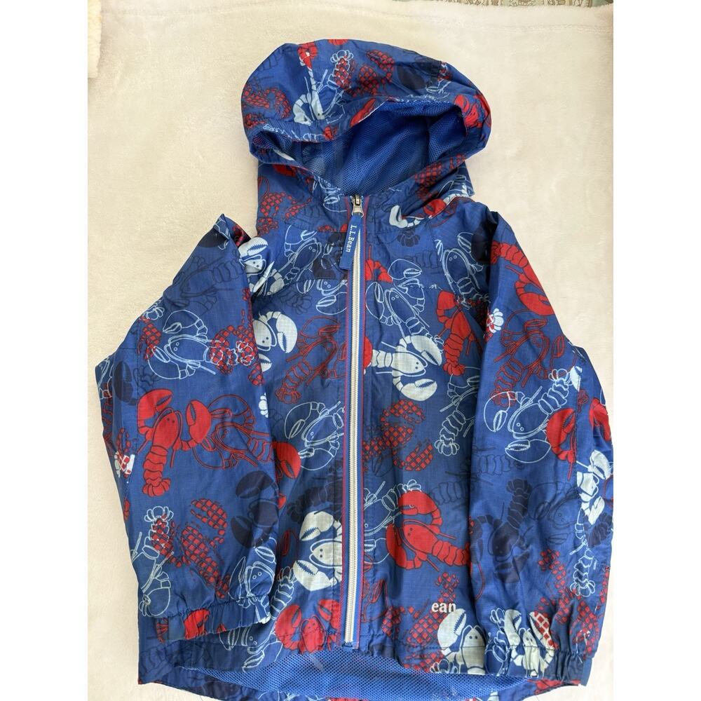 LL Bean Boys Jacket Red White Blue Lobsters Raincoat Rain Spring Windbreaker 4T